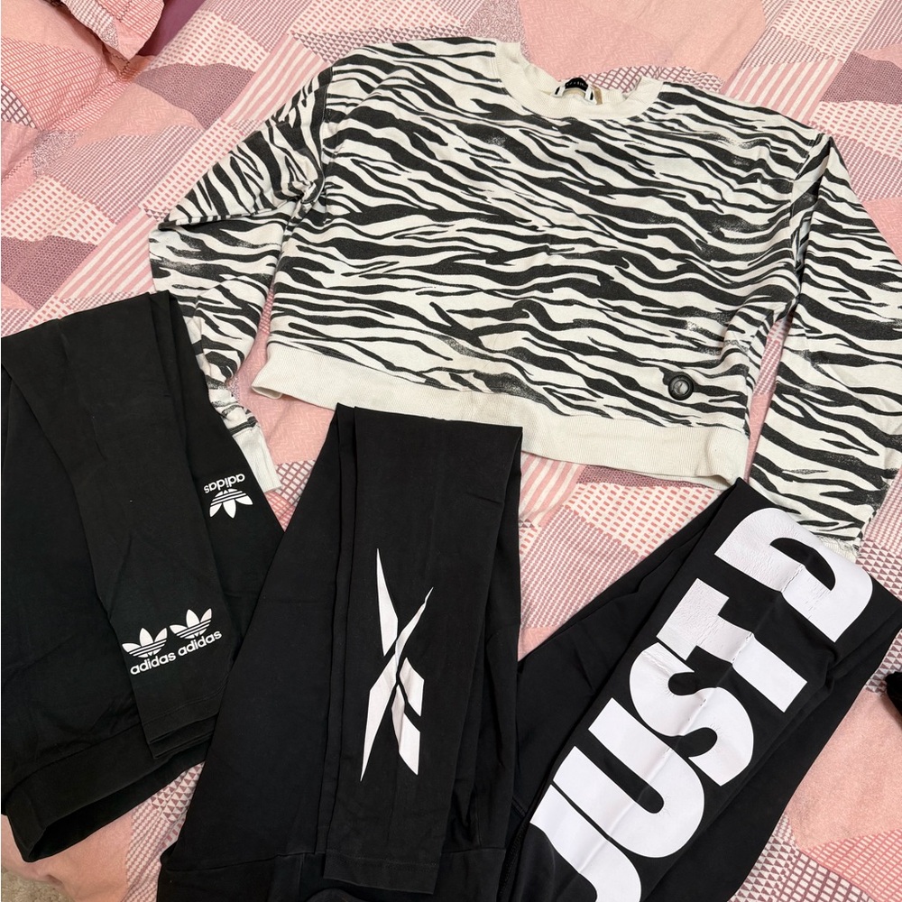 DKNY Zebra Print Cropped Blouse  - Black and White with three pair of leggins